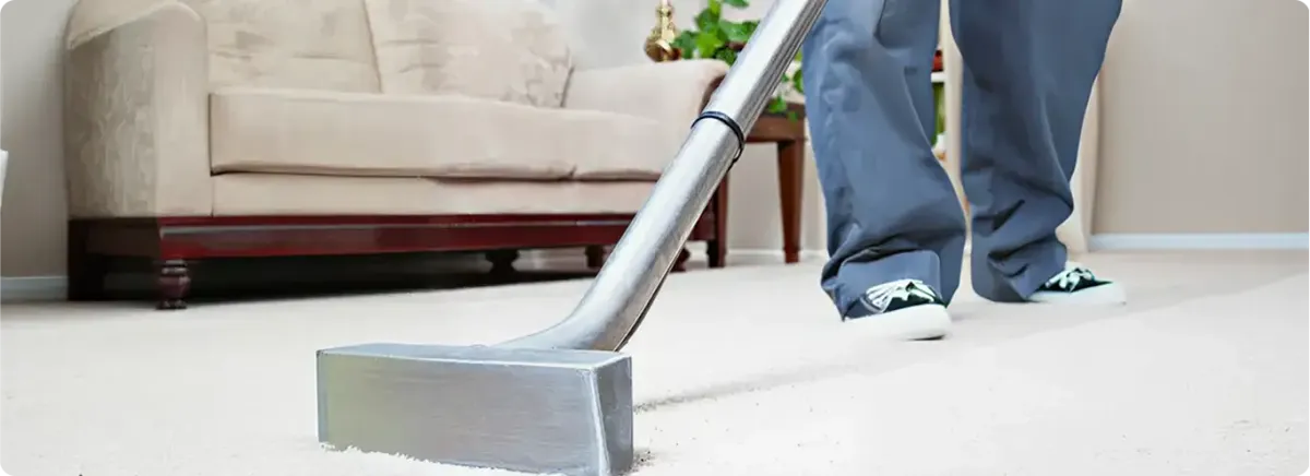 Carpet cleaning technician using a hot-water extraction wand on a light-colored carpet in a living room, Tallahassee, FL.
